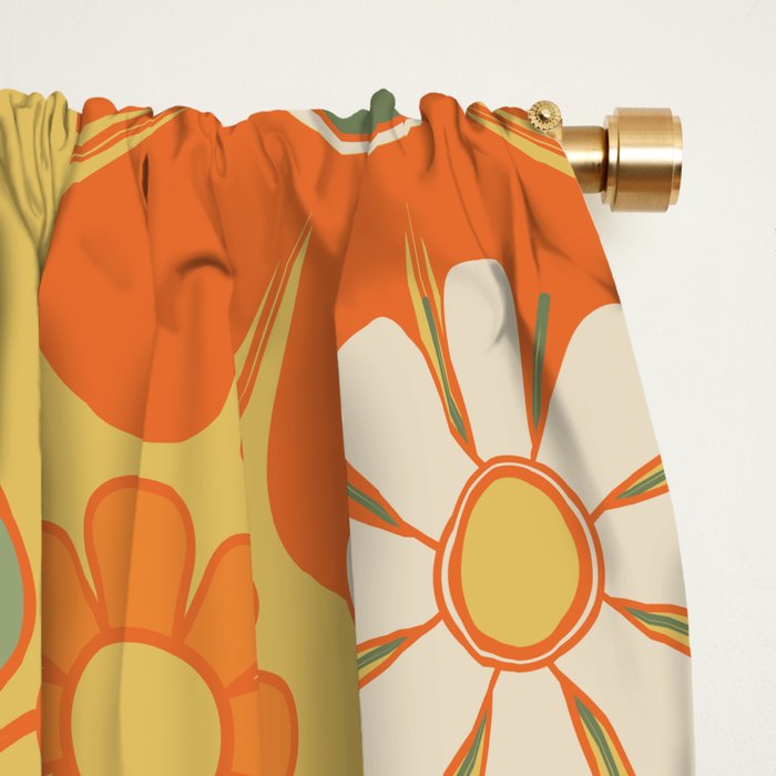 Retro 70s Floral Pattern in Mossy Sage Olive Green Orange Mustard Window Curtain Gallery Image 2