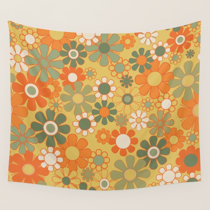 Retro 70s Floral Pattern in Mossy Sage Olive Green Orange Mustard Wall Tapestry Gallery Image 4