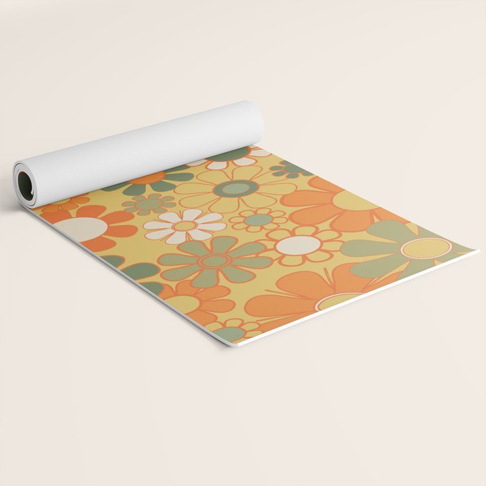 Retro 70s Floral Pattern in Mossy Sage Olive Green Orange Mustard Yoga Mat Gallery Image 2