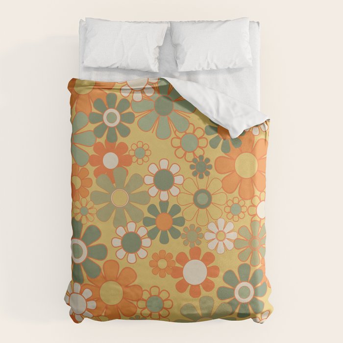 Retro 70s Floral Pattern in Mossy Sage Olive Green Orange Mustard Duvet Cover Gallery Image 1