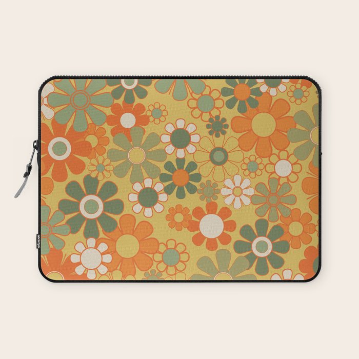 Retro 70s Floral Pattern in Mossy Sage Olive Green Orange Mustard Laptop Sleeve Gallery Image 1