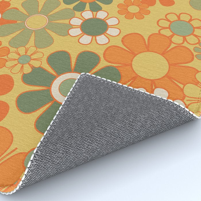 Retro 70s Floral Pattern in Mossy Sage Olive Green Orange Mustard Rug Gallery Image 4