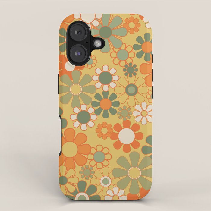 Retro 70s Floral Pattern in Mossy Sage Olive Green Orange Mustard iPhone Case Gallery Image 1