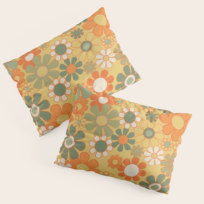 Retro 70s Floral Pattern in Mossy Sage Olive Green Orange Mustard Pillow Sham Gallery Image 1
