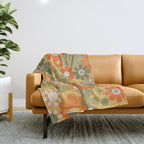 Retro 70s Floral Pattern in Mossy Sage Olive Green Orange Mustard Throw Blanket Gallery Image 1