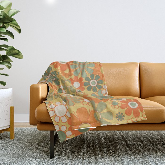 Retro 70s Floral Pattern in Mossy Sage Olive Green Orange Mustard Throw Blanket Gallery Image 1