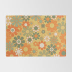 Retro 70s Floral Pattern in Mossy Sage Olive Green Orange Mustard Rug Gallery Image 2