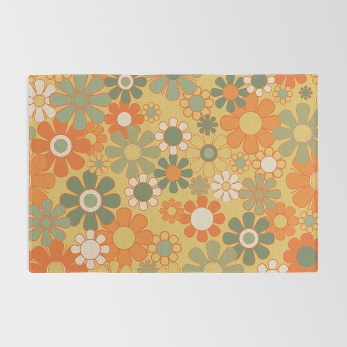 Retro 70s Floral Pattern in Mossy Sage Olive Green Orange Mustard Rug Gallery Image 2