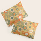 Retro 70s Floral Pattern in Mossy Sage Olive Green Orange Mustard Pillow Sham Gallery Image 3