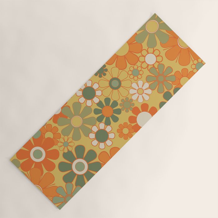 Retro 70s Floral Pattern in Mossy Sage Olive Green Orange Mustard Yoga Mat Gallery Image 1