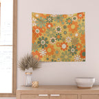 Retro 70s Floral Pattern in Mossy Sage Olive Green Orange Mustard Wall Tapestry Gallery Image 2