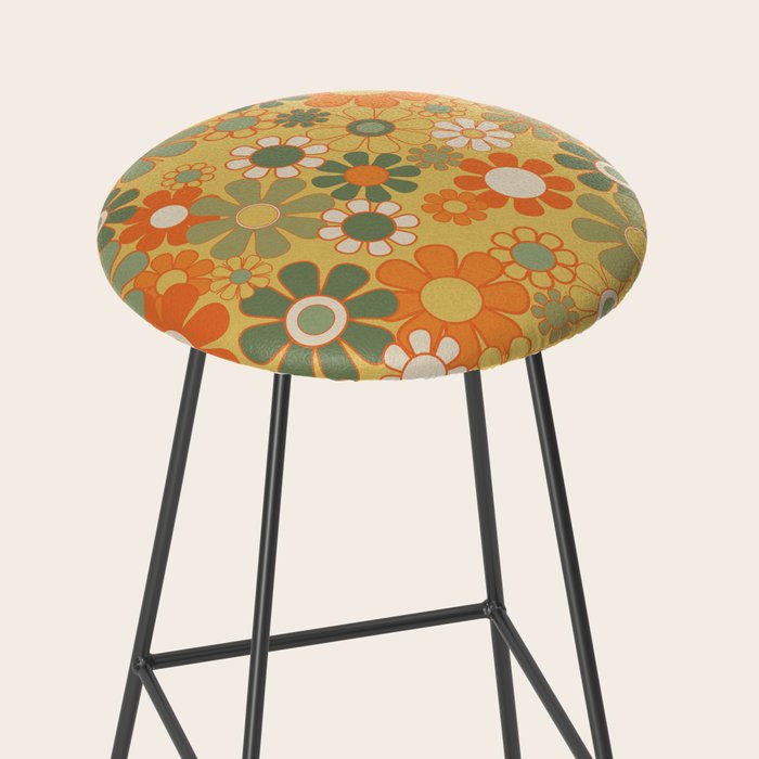 Retro 70s Floral Pattern in Mossy Sage Olive Green Orange Mustard Stool Gallery Image 2