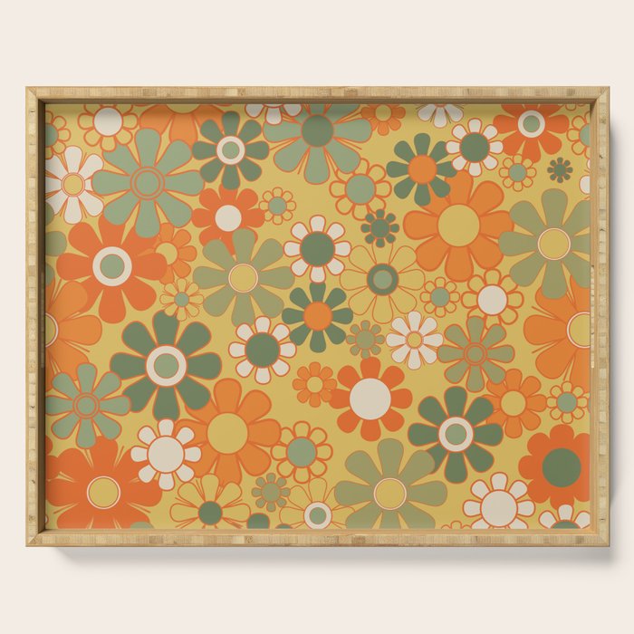 Retro 70s Floral Pattern in Mossy Sage Olive Green Orange Mustard Serving Tray Gallery Image 1