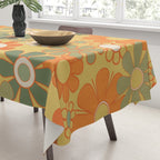 Retro 70s Floral Pattern in Mossy Sage Olive Green Orange Mustard Tablecloth Gallery Image 3