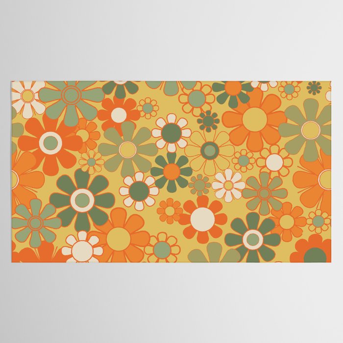 Retro 70s Floral Pattern in Mossy Sage Olive Green Orange Mustard Tablecloth Gallery Image 2