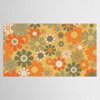 Retro 70s Floral Pattern in Mossy Sage Olive Green Orange Mustard Tablecloth Gallery Image 2