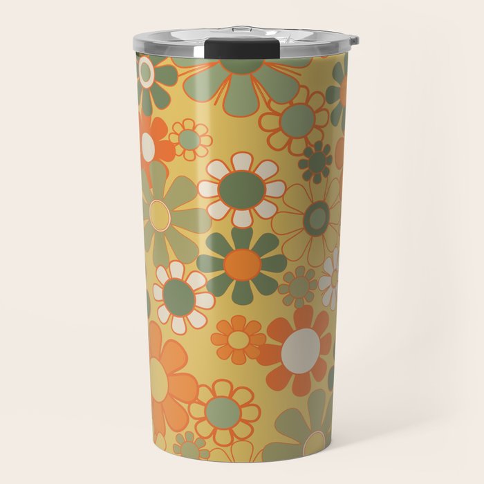 Retro 70s Floral Pattern in Mossy Sage Olive Green Orange Mustard Travel Mug Gallery Image 1