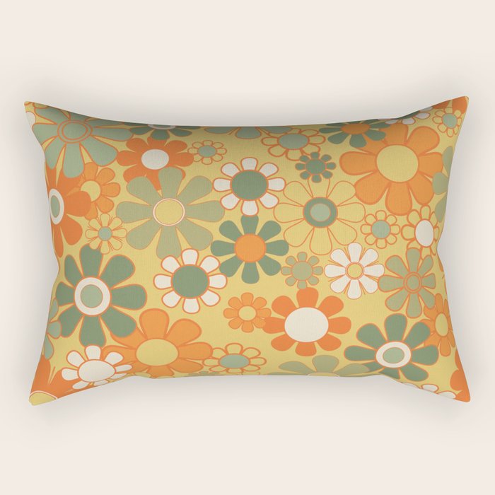 Retro 70s Floral Pattern in Mossy Sage Olive Green Orange Mustard Rectangular Pillow Gallery Image 1