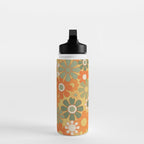 Retro 70s Floral Pattern in Mossy Sage Olive Green Orange Mustard Water Bottle Gallery Image 3