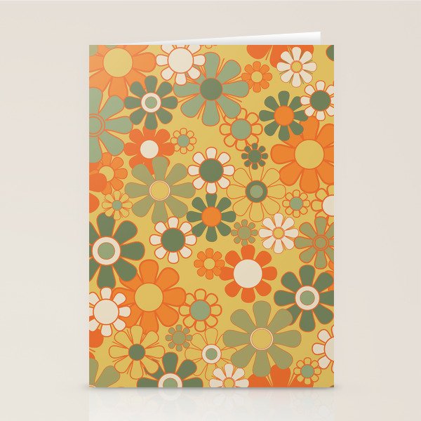 Retro 70s Floral Pattern in Mossy Sage Olive Green Orange Mustard Stationery Card Gallery Image 1