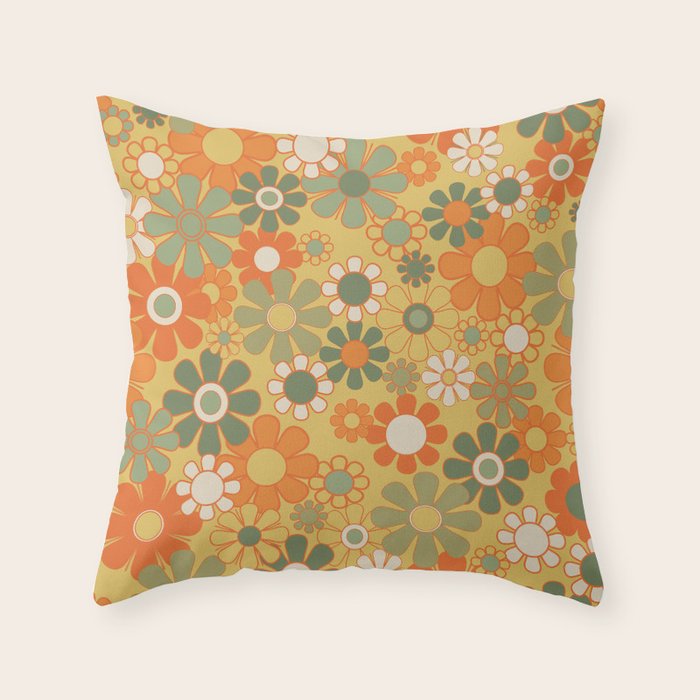 Retro 70s Floral Pattern in Mossy Sage Olive Green Orange Mustard Throw Pillow Gallery Image 6