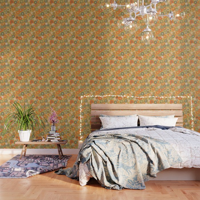 Retro 70s Floral Pattern in Mossy Sage Olive Green Orange Mustard Wallpaper Gallery Image 3