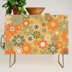 Retro 70s Floral Pattern in Mossy Sage Olive Green Orange Mustard Credenza Gallery Image 1