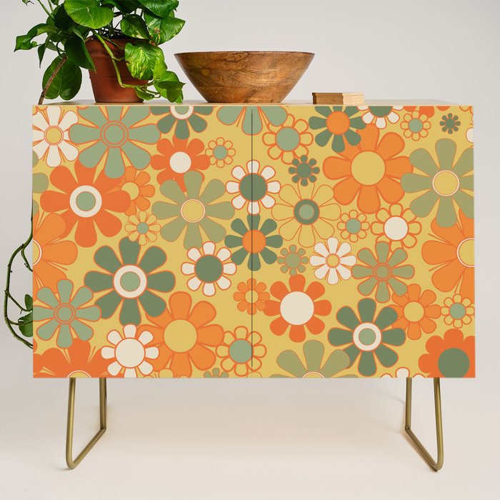 Retro 70s Floral Pattern in Mossy Sage Olive Green Orange Mustard Credenza Gallery Image 1