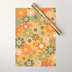 Retro 70s Floral Pattern in Mossy Sage Olive Green Orange Mustard Wrapping Paper Gallery Image 1