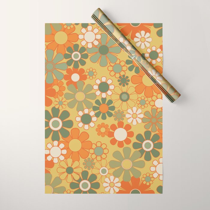 Retro 70s Floral Pattern in Mossy Sage Olive Green Orange Mustard Wrapping Paper Gallery Image 1
