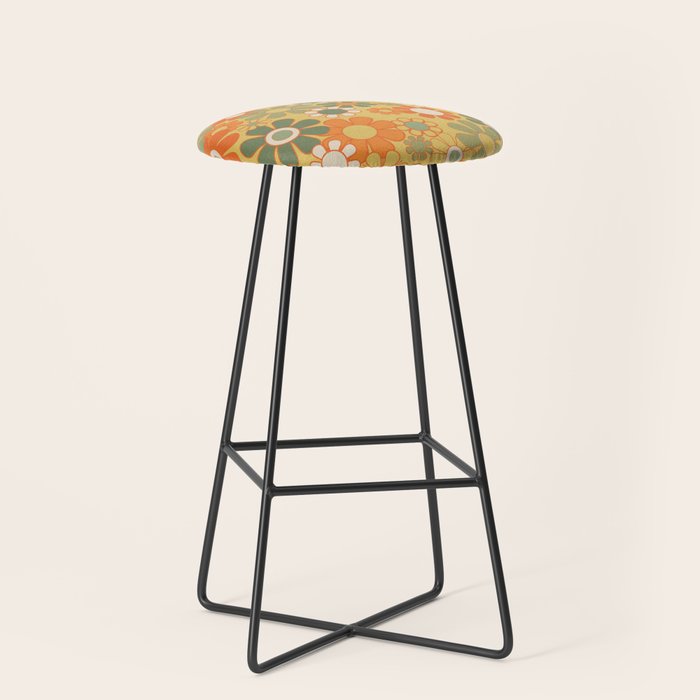 Retro 70s Floral Pattern in Mossy Sage Olive Green Orange Mustard Stool Gallery Image 1