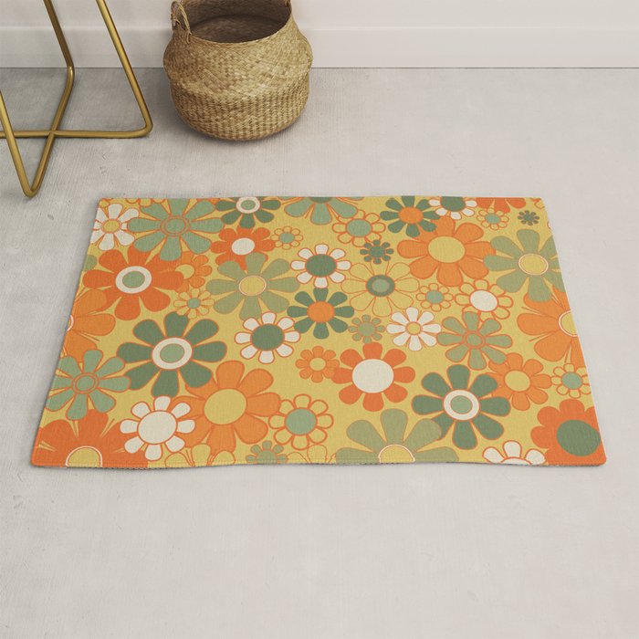 Retro 70s Floral Pattern in Mossy Sage Olive Green Orange Mustard Rug Gallery Image 1