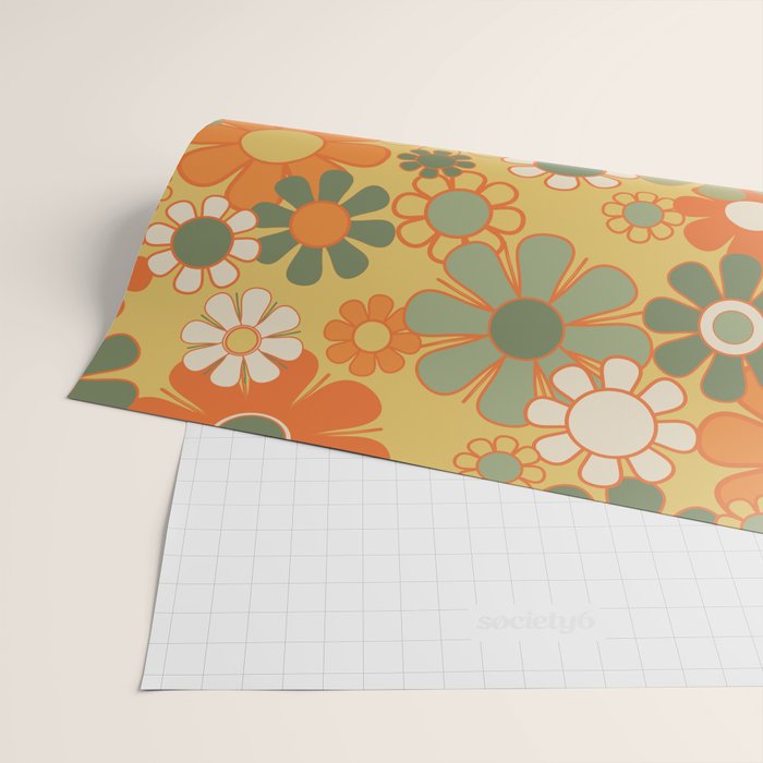 Retro 70s Floral Pattern in Mossy Sage Olive Green Orange Mustard Wrapping Paper Gallery Image 2