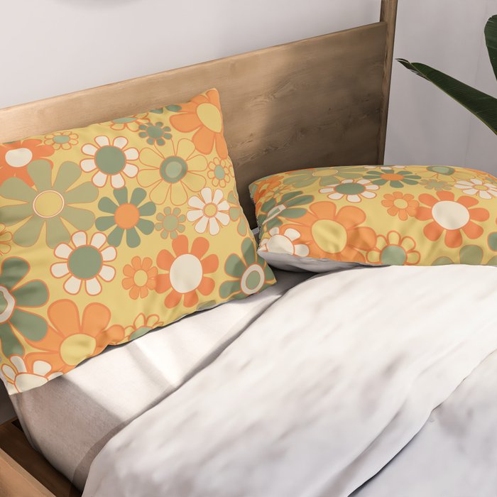 Retro 70s Floral Pattern in Mossy Sage Olive Green Orange Mustard Pillow Sham Gallery Image 2