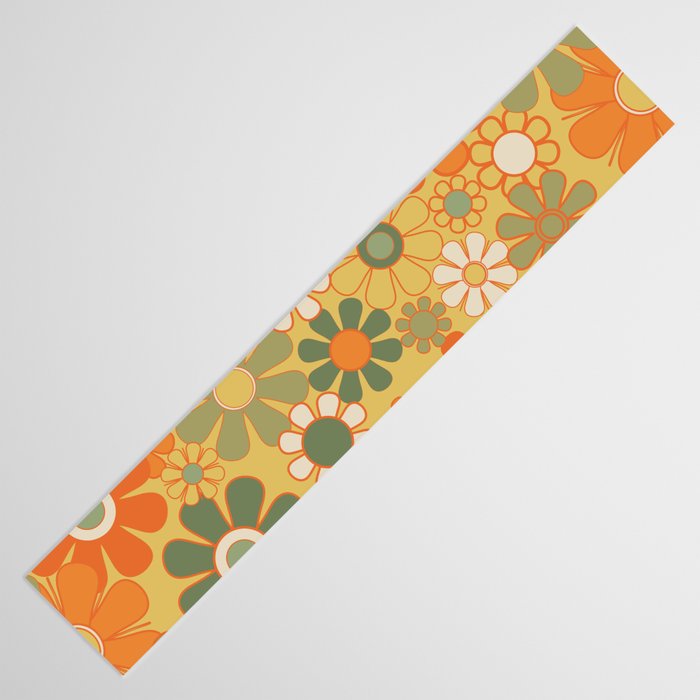 Retro 70s Floral Pattern in Mossy Sage Olive Green Orange Mustard Table Runner Gallery Image 3
