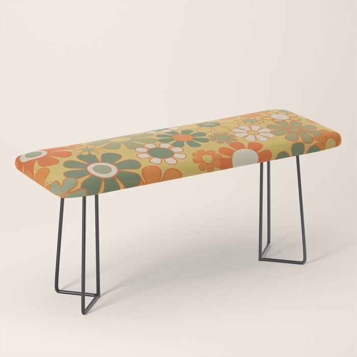 Retro 70s Floral Pattern in Mossy Sage Olive Green Orange Mustard Bench Gallery Image 1