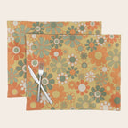 Retro 70s Floral Pattern in Mossy Sage Olive Green Orange Mustard Placemat Gallery Image 1