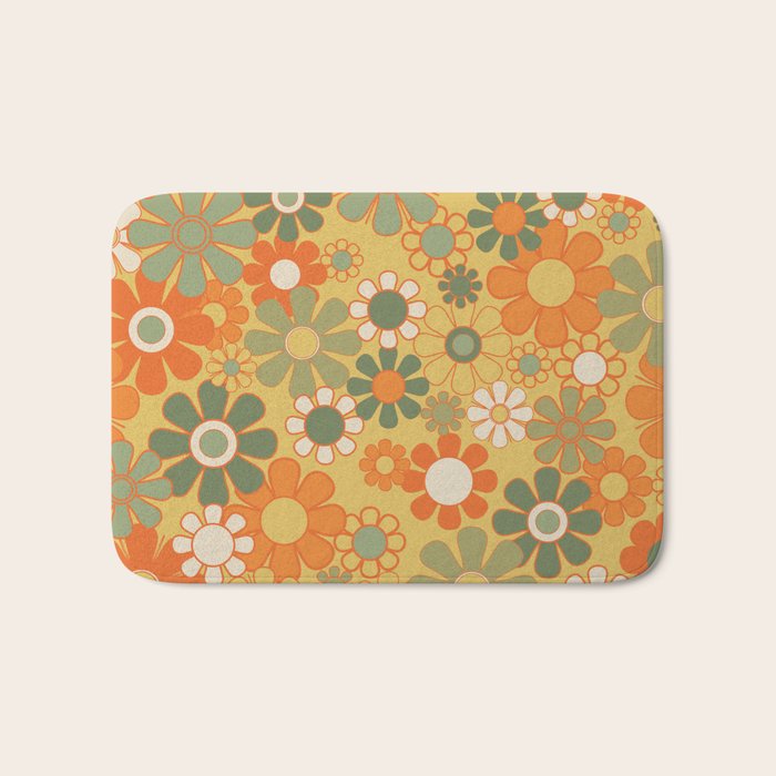 Retro 70s Floral Pattern in Mossy Sage Olive Green Orange Mustard Bath Mat Gallery Image 1