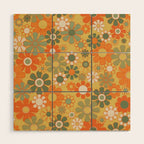 Retro 70s Floral Pattern in Mossy Sage Olive Green Orange Mustard Wood Wall Art Gallery Image 1