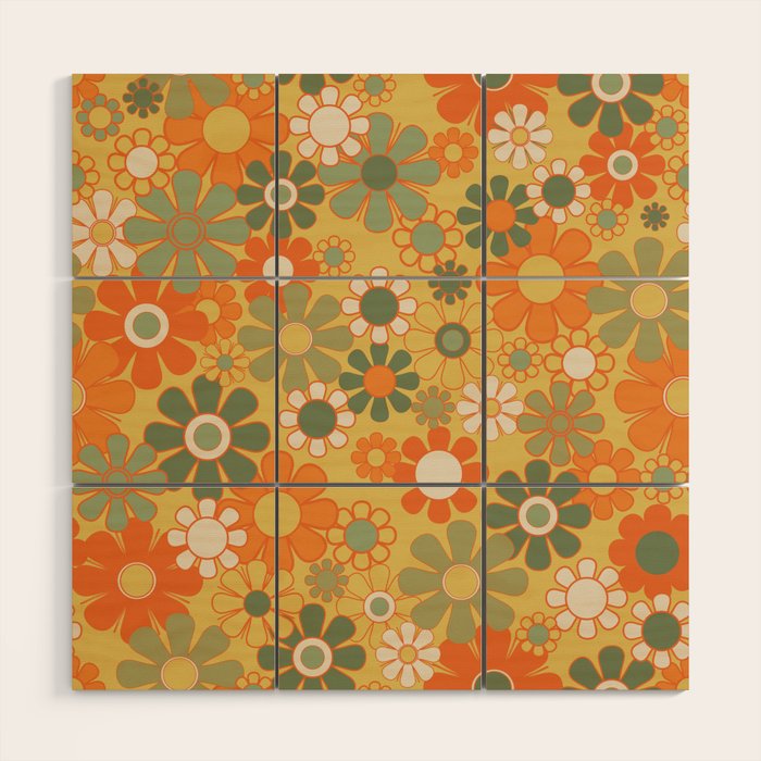 Retro 70s Floral Pattern in Mossy Sage Olive Green Orange Mustard Wood Wall Art Gallery Image 1