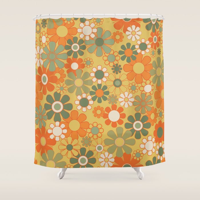 Retro 70s Floral Pattern in Mossy Sage Olive Green Orange Mustard Shower Curtain Gallery Image 1