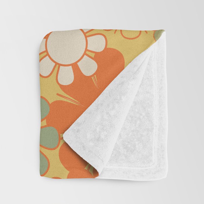 Retro 70s Floral Pattern in Mossy Sage Olive Green Orange Mustard Throw Blanket Gallery Image 3