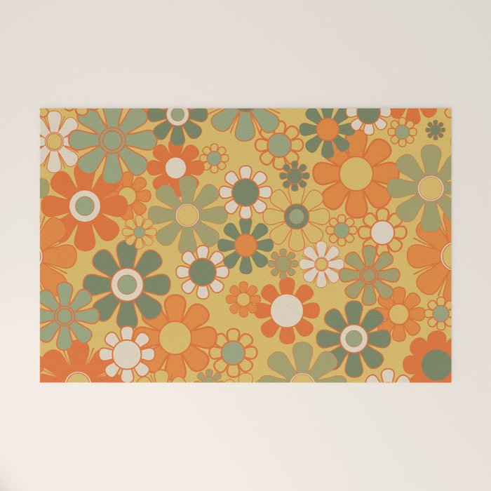 Retro 70s Floral Pattern in Mossy Sage Olive Green Orange Mustard Welcome Mat Gallery Image 1