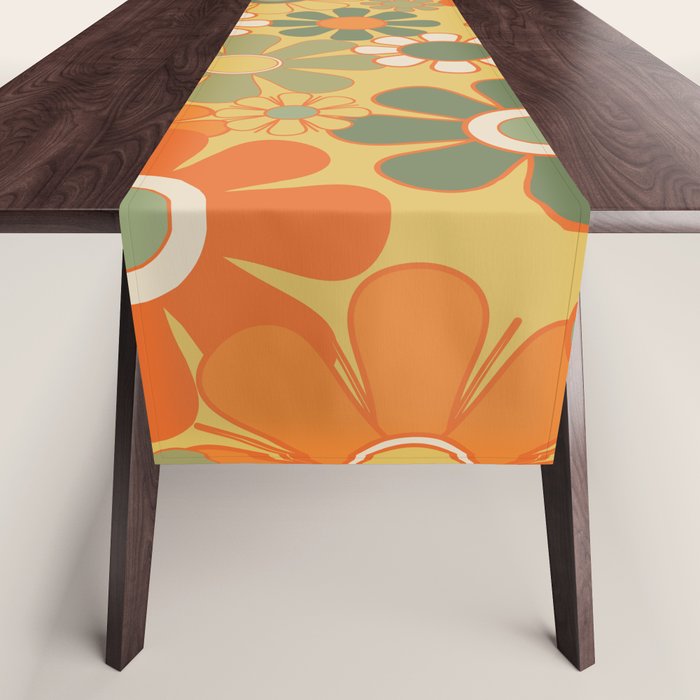 Retro 70s Floral Pattern in Mossy Sage Olive Green Orange Mustard Table Runner Gallery Image 1