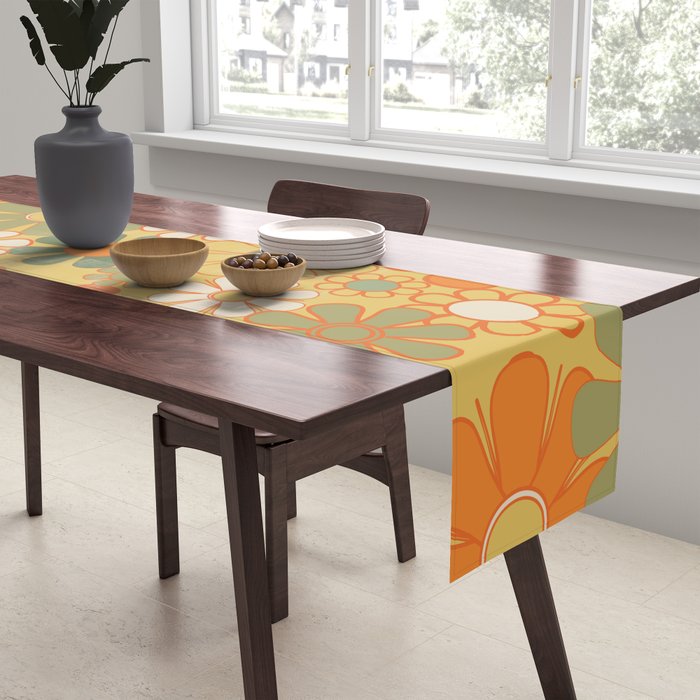 Retro 70s Floral Pattern in Mossy Sage Olive Green Orange Mustard Table Runner Gallery Image 2
