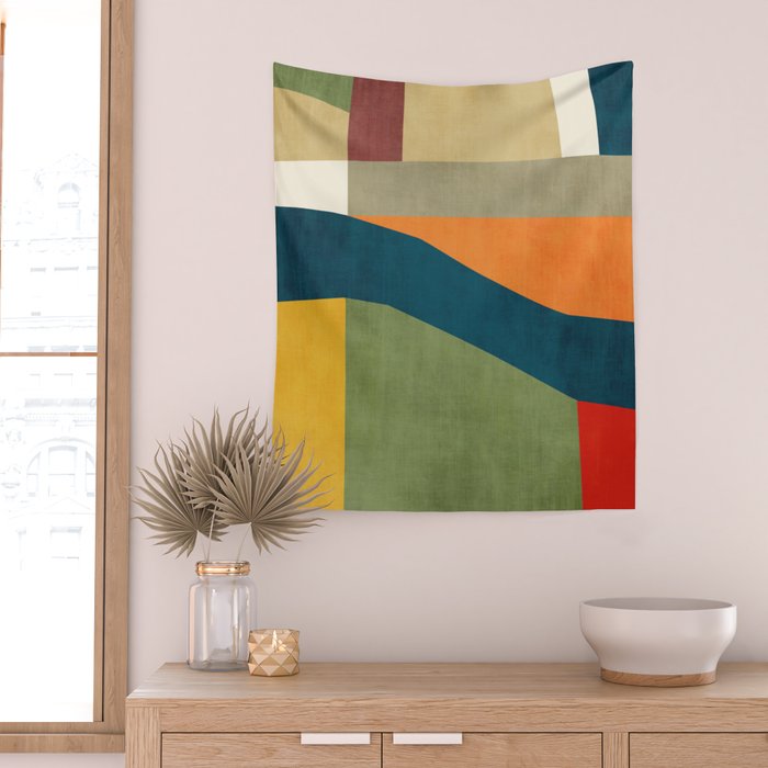 Modern Fall Abstract Artwork Green Orange Yellow Art Wall Tapestry Gallery Image 2