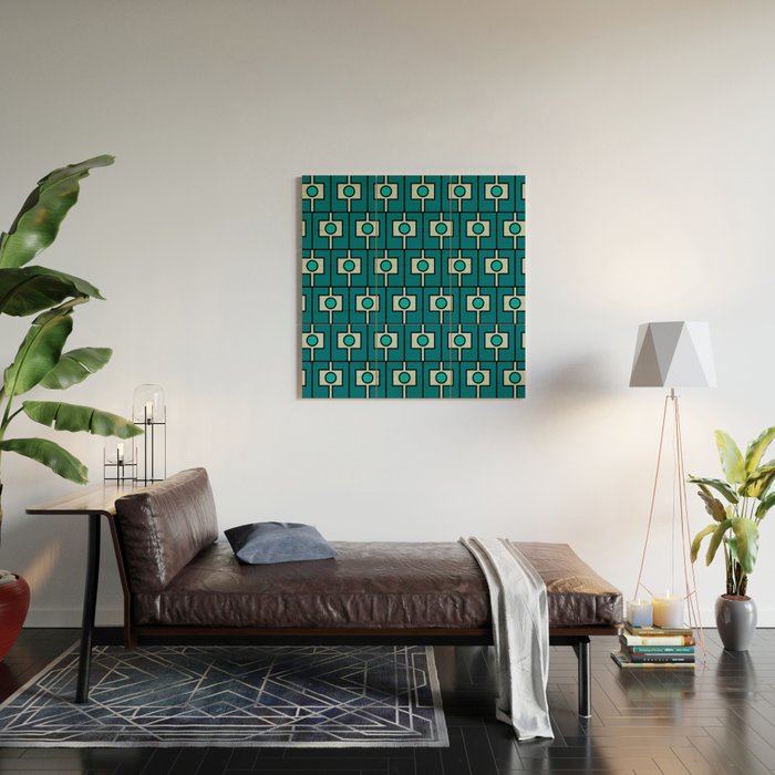 Mid Century Modern Rektangel Geometric Pattern in Teal Blue and Turquoise Wood Wall Art Gallery Image 2