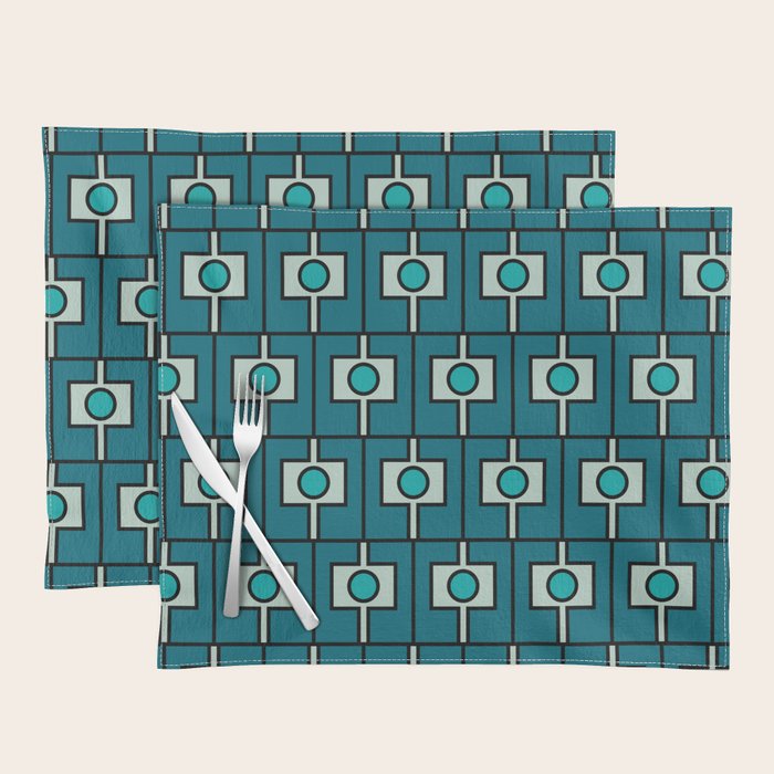 Mid Century Modern Rektangel Geometric Pattern in Teal Blue and Turquoise Placemat Gallery Image 1
