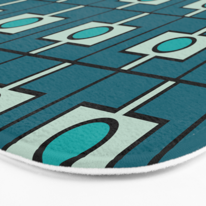 Mid Century Modern Rektangel Geometric Pattern in Teal Blue and Turquoise Bath Mat Gallery Image 3