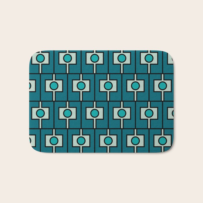 Mid Century Modern Rektangel Geometric Pattern in Teal Blue and Turquoise Bath Mat Gallery Image 1